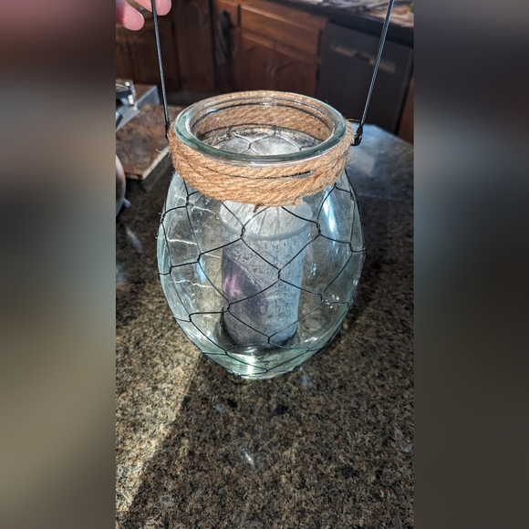 Large Glass Hurricane Lantern with Wire & Burlap Includes Candle - Picture 7 of 8